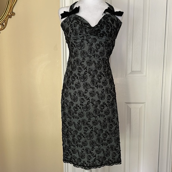 BETSEY JOHNSON Vintage 90's Flocked Rose Halter Bodycon Dress Retro Rockabilly - Picture 1 of 15